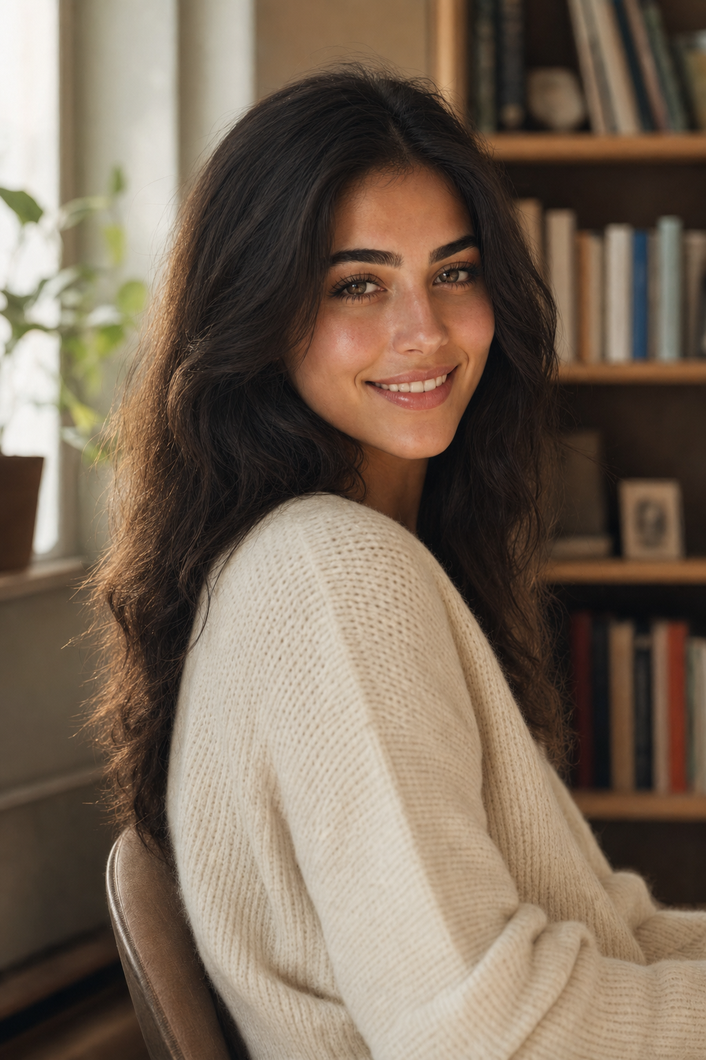 Rachel at her home office bookshelf